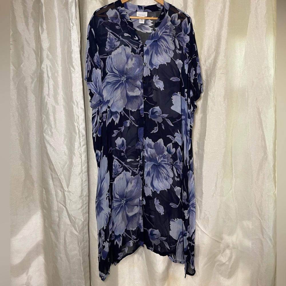 Plus Navy & Light Blue Floral Print Button Down Sheer Maxi Cardigan Shirt Dress